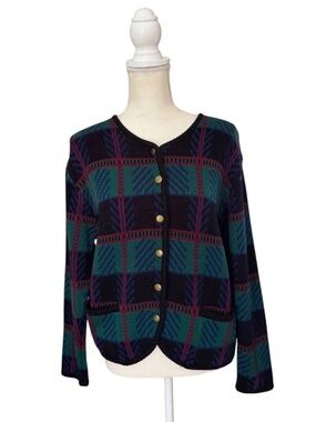 Tally Ho Plaid Cardigan Sweater M Green Navy Red Gold Buttons Preppy Vintage